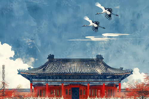 Chinese painting of two cranes flying over the ceiling of a Chinese architectural palace, photo