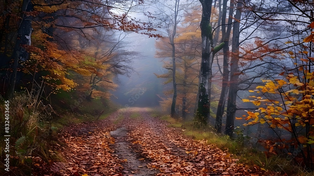 Enchanting Autumn Forest Path in Misty Morning Light Enchanting Autumn Forest Path in Misty Morning Light