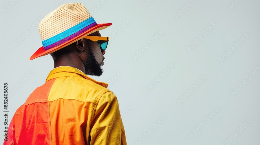 Vibrant informal attire and hat set against white backdrop Vibrant informal attire and hat set against white backdrop