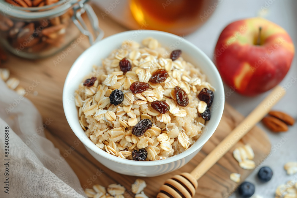 Oatmeal with raisins, honey, and apple on wooden board Oatmeal with raisins, honey, and apple on wooden board
