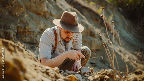 Paleoanthropologist at an archaeological site, inquisitive, examining fossils, discovery and exploration, styled as a clean, uncluttered portrait.