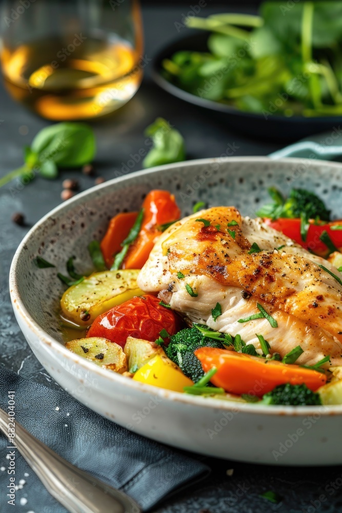 Healthy Grilled Chicken Breast with Fresh Vegetables on Modern Plate Healthy Grilled Chicken Breast with Fresh Vegetables on Modern Plate