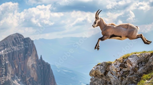 Photo of mountain goat jumping in the mountains  beautiful spring day in the mountains