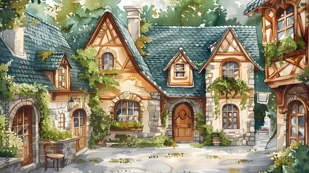 Enchanting Storybook Village A Whimsical Watercolor of Picturesque Stone Cottages and Ivy Covered Architecture