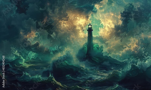 Lighthouse during a storm with glowing energy waves, cool tones, scifi, digital painting, futuristic and dynamic,