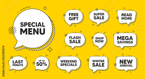 Offer speech bubble icons. Special menu tag. Kitchen food offer. Restaurant menu. Special menu chat offer. Speech bubble discount banner. Text box balloon. Vector