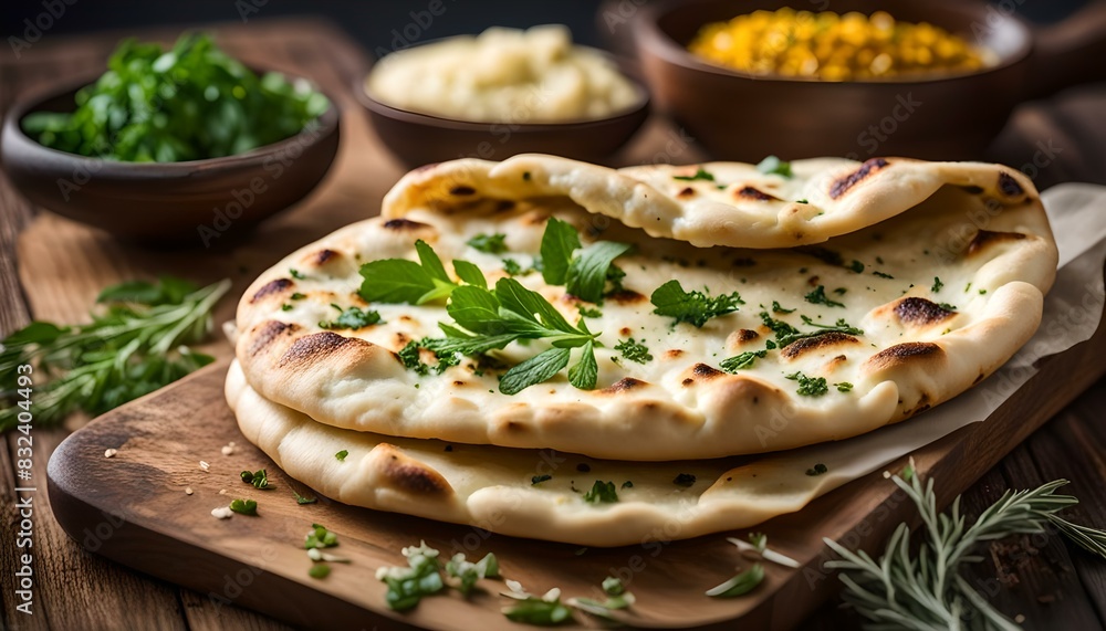 Indian naan bread with herbs and garlic, butter seasoning on cutting bored
Indian naan bread with herbs and garlic, butter seasoning on cutting bored