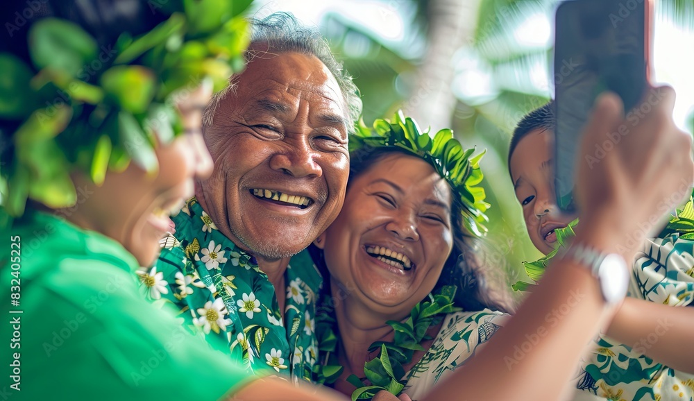 stockphoto polynesian family 4 person of all ages, smiling with patient with cancer, in green clothes taking selfies and bright lighting