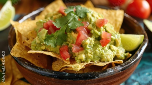 Traditional Mexican snack of nachos served with guacamole made from avocado tomato onion garlic and lemon