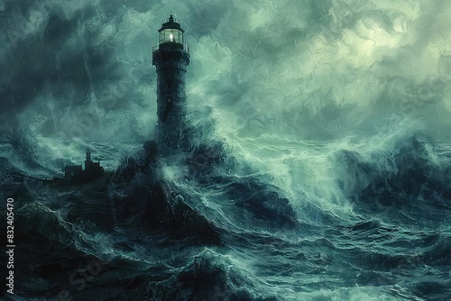 Lighthouse in a raging storm with turbulent sea, muted tones, realistic, highdetail illustration, intense and captivating, © NeeArtwork
