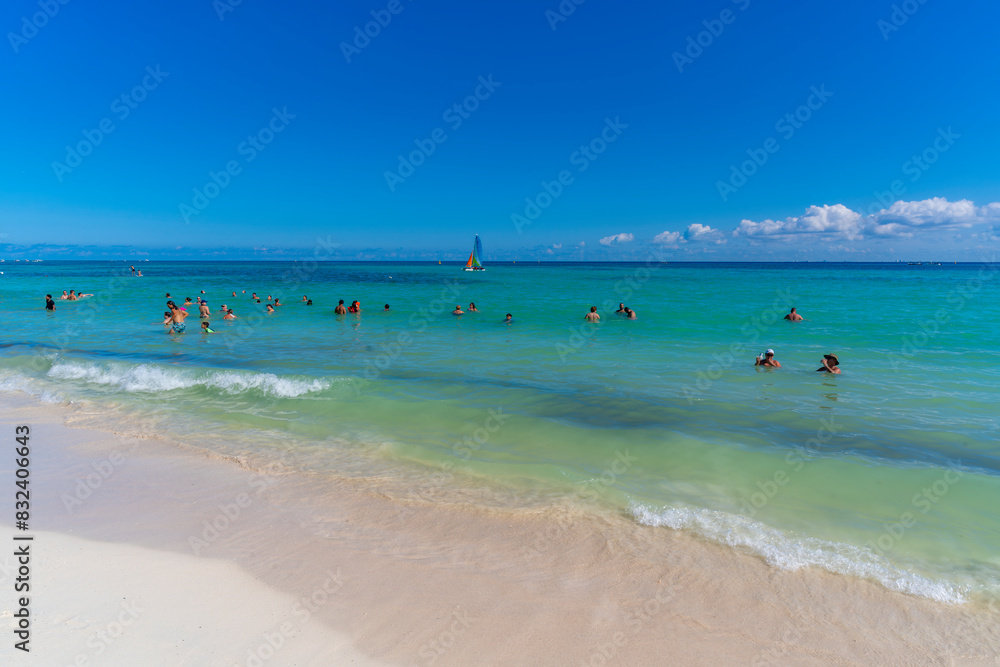 View of beach and sea, Playa del Carmen, Caribbean Coast, Yucatan Peninsula, Riviera Maya View of beach and sea, Playa del Carmen, Caribbean Coast, Yucatan Peninsula, Riviera Maya