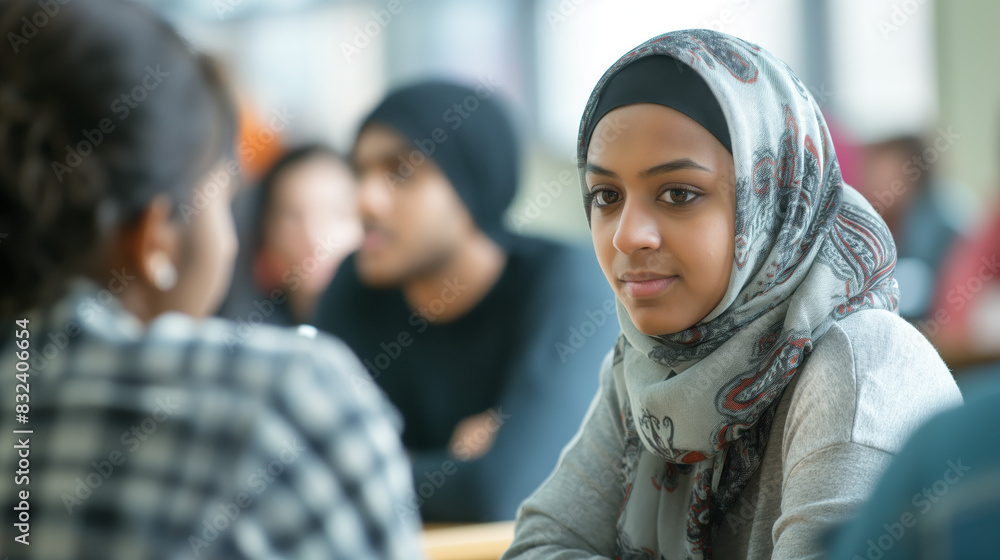 A focused young Muslim woman wearing a hijab is engaged in a classroom setting with peers around her A focused young Muslim woman wearing a hijab is engaged in a classroom setting with peers around her
