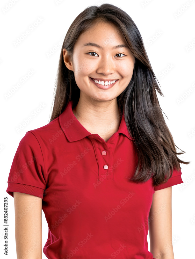 Portrait of 18 year old Asian woman wearing postal services uniform wearing red t-shirt, posing over isolated transparent Portrait of 18 year old Asian woman wearing postal services uniform wearing red t-shirt, posing over isolated transparent