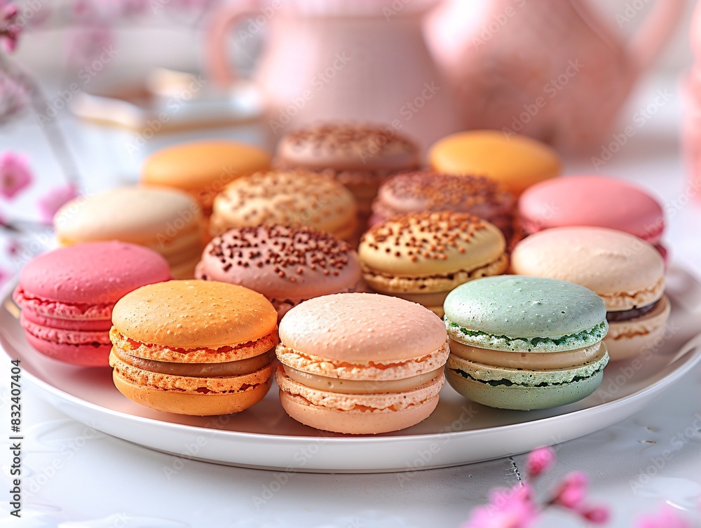 Vibrant Assortment of Colorful Macarons on White Plate in Pastel Kitchen Setting