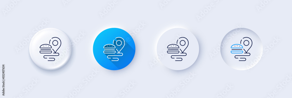 Food delivery line icon. Neumorphic, Blue gradient, 3d pin buttons. Location map pin sign. Fast food service symbol. Line icons. Neumorphic buttons with outline signs. Vector Food delivery line icon. Neumorphic, Blue gradient, 3d pin buttons. Location map pin sign. Fast food service symbol. Line icons. Neumorphic buttons with outline signs. Vector