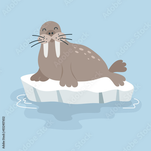 Illustration of cute cartoon walrus on ice floe. Arctic animals. For card, poster, print. Vector illustration