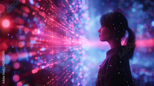 A woman gazes at a vibrant digital interface with glowing lines and particles, representing futuristic technology and innovation.