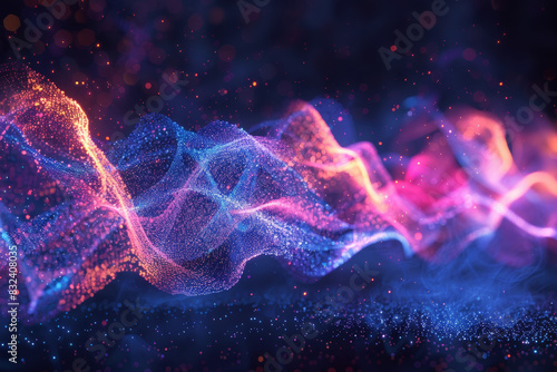 Abstract digital wave with colorful particles and bokeh lights, representing futuristic technology and innovation on a dark background.