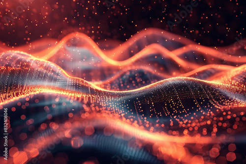 Abstract digital wave landscape of glowing particles in motion. Deep red and orange light trails create a dynamic and futuristic visual. © Kwanruethai