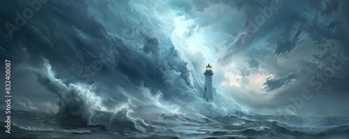 Lighthouse surrounded by swirling clouds and torrential rain, muted tones, realistic, highdetail illustration, dramatic and intense,