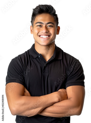Young Pacific Islander male employee wearing black polo t-shirt, isolated over white transparent background