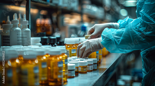 An employee of a pharmaceutical company sorts drugs in the laboratory. Medicine and pharmacology concept.