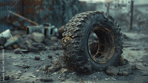 Dirty tire on a pile of rubble in a post apocalyptic environment