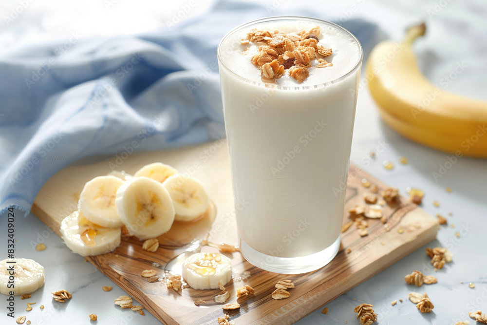 A glass of banana smoothie with granola, placed on an wooden board beside sliced bananas, nuts, granola pieces and blue cloth. Shallow depth of field A glass of banana smoothie with granola, placed on an wooden board beside sliced bananas, nuts, granola pieces and blue cloth. Shallow depth of field