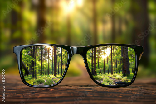 A black-framed glasses focuses on a vibrant forest landscape, set against a blurred background of greenery. Shallow depth of field