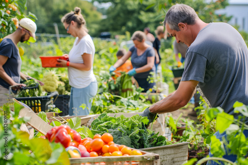 People working together in a community garden, harvesting vegetables and enjoying the outdoors. A vibrant scene of teamwork and community spirit. Shallow depth of field © Mikhail