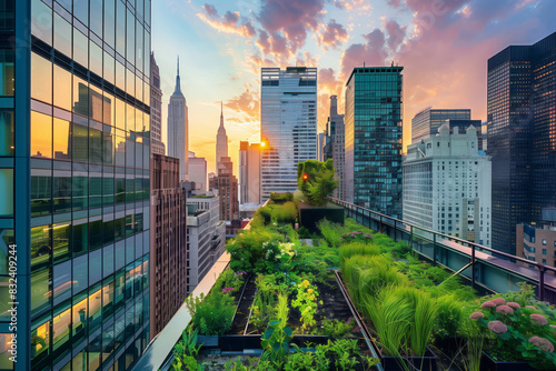 Eco-Friendly urban Green Space with a lush rooftop garden thriving amidst city skyscrapers at sunset