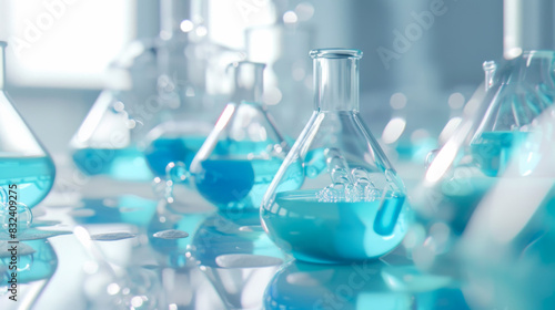 Close-up of transparent test tubes with light blue liquid in a modern laboratory. Chemical experiments. Science and research concept.