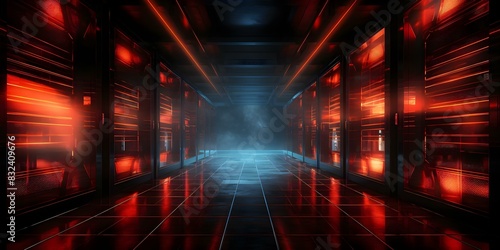 Visualization of cybersecurity in a redlit server room with copy space. Concept Cybersecurity, Redlit Server Room, Copy Space, Data Protection, Network Security © Ян Заболотний