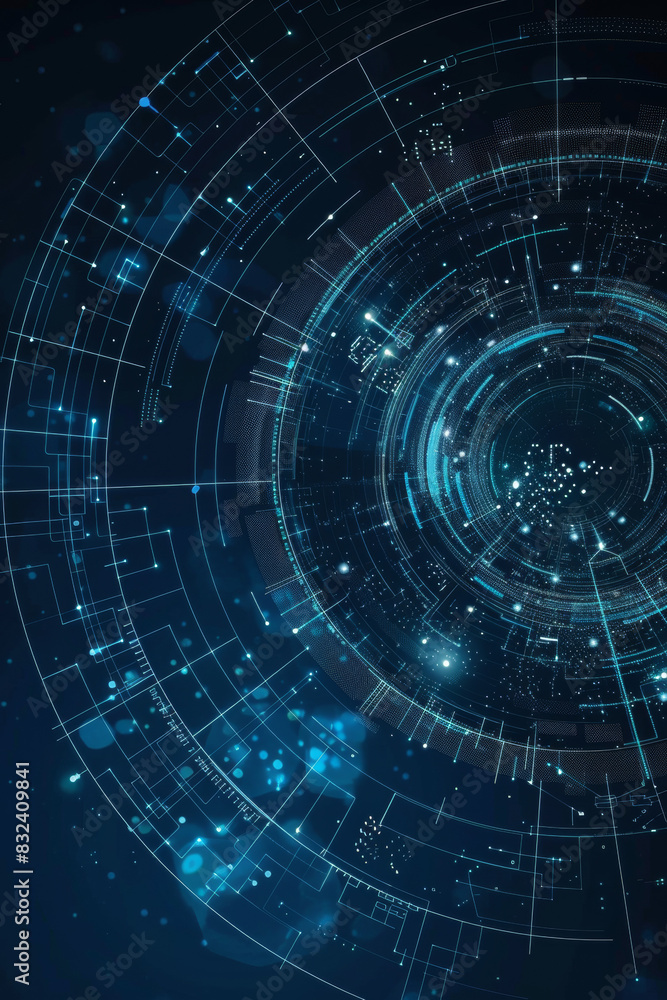 Obraz premium Futuristic digital interface, abstract technology background with circular elements, blue tones, data visualization, innovation concept.