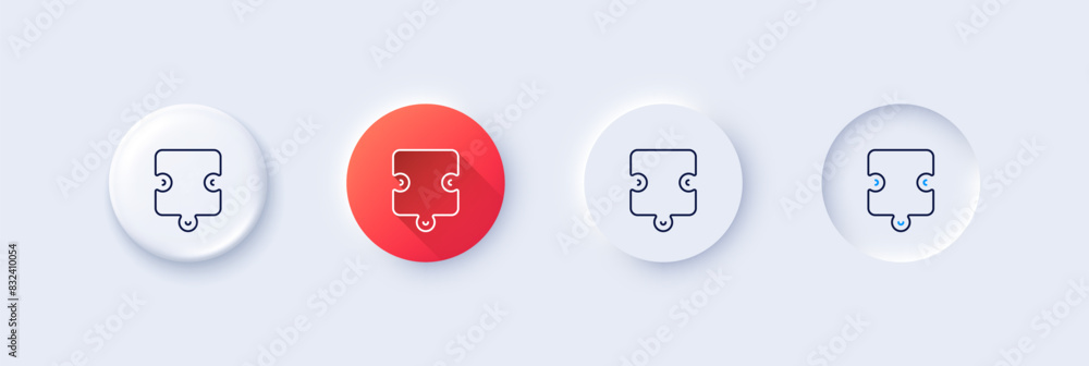 Puzzle piece line icon. Neumorphic, Red gradient, 3d pin buttons. Jigsaw game shape sign. Business strategy element. Line icons. Neumorphic buttons with outline signs. Vector Puzzle piece line icon. Neumorphic, Red gradient, 3d pin buttons. Jigsaw game shape sign. Business strategy element. Line icons. Neumorphic buttons with outline signs. Vector