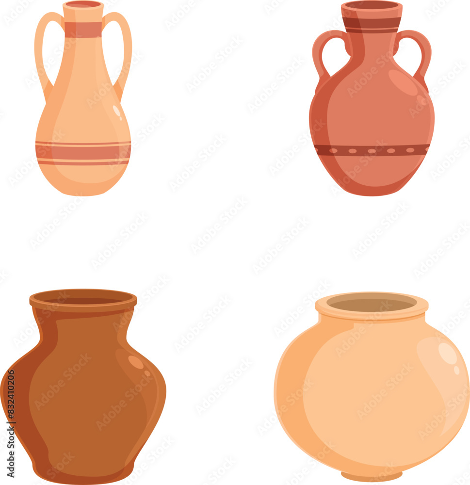 Collection of four different styled cartoon clay pots on a white background Collection of four different styled cartoon clay pots on a white background