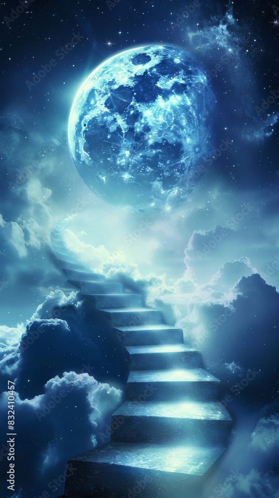 Obraz premium Surreal Art of a Staircase Ascending into the Moonlit Sky