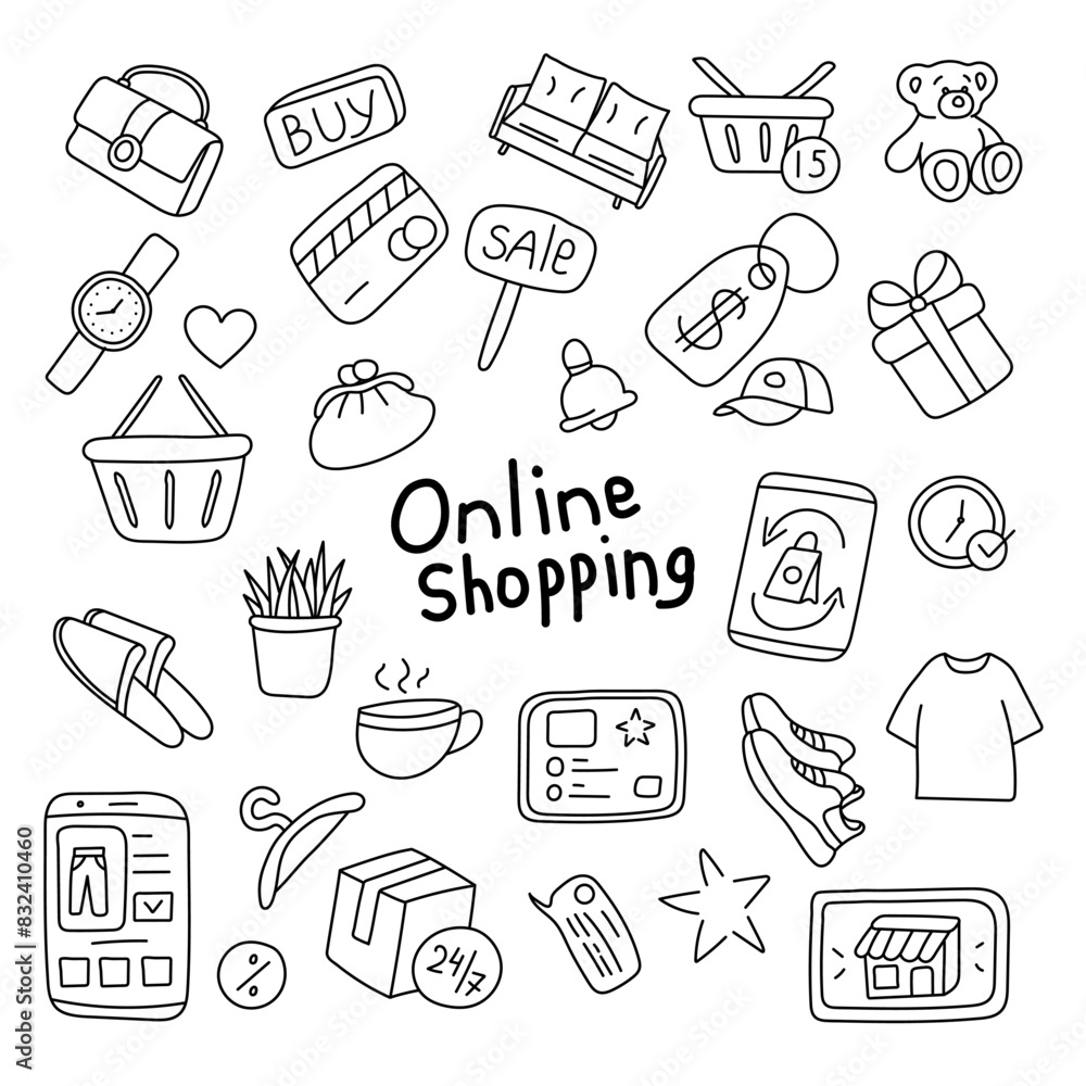 Set of online shopping elements in doodle style. Set of online shopping elements in doodle style.