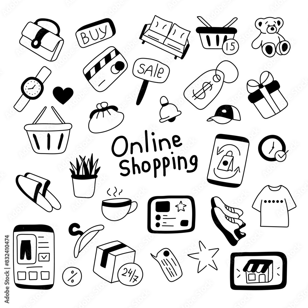 Set of online shopping elements in doodle style.