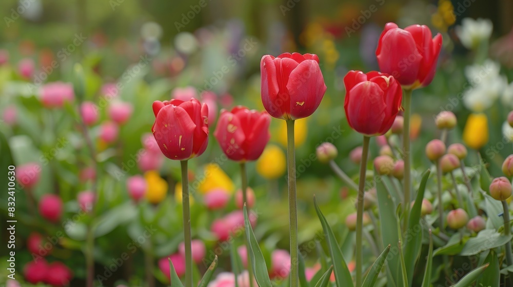 Red tulips set against a backdrop of flowers Red tulips set against a backdrop of flowers