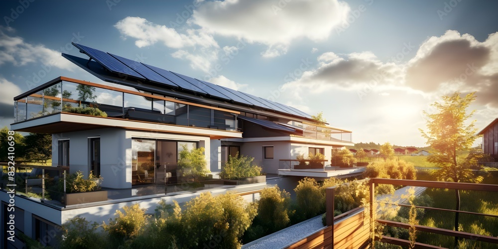 Closeup of newly built homes with solar panels under a bright sky. Concept Real Estate, Renewable Energy, Sustainable Living, Home Construction, Natural Lighting