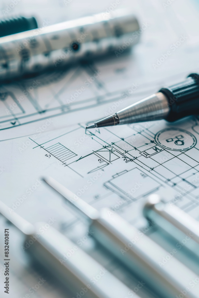 Close-up of architectural blueprints with precision tools. Ideal for construction, design, and engineering projects, highlighting technical detail. Close-up of architectural blueprints with precision tools. Ideal for construction, design, and engineering projects, highlighting technical detail.