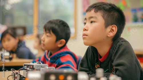 A focused young boy is learning robotics, illustrating interest in STEM education in a classroom