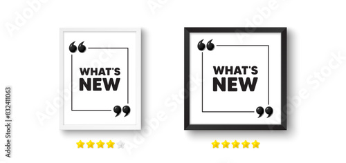 Picture frame with 3d quotation icon. Whats new tag. Special offer sign. New arrivals symbol. Whats new chat message. Photo frame wall. 3d comma quotes. Vector