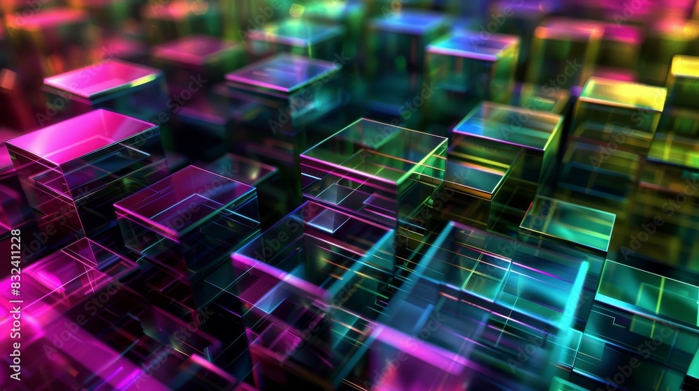 Abstract holographic background with neon glowing cubes. Digital technology concept. Abstract futuristic design. Background of glass blocks in different colors in the style of 3D Abstract holographic background with neon glowing cubes. Digital technology concept. Abstract futuristic design. Background of glass blocks in different colors in the style of 3D