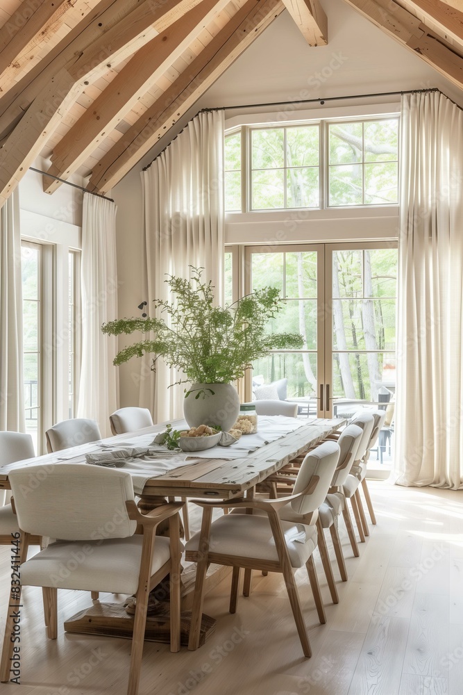 Obraz premium modern rustic dining room with a vaulted wooden ceiling and large windows