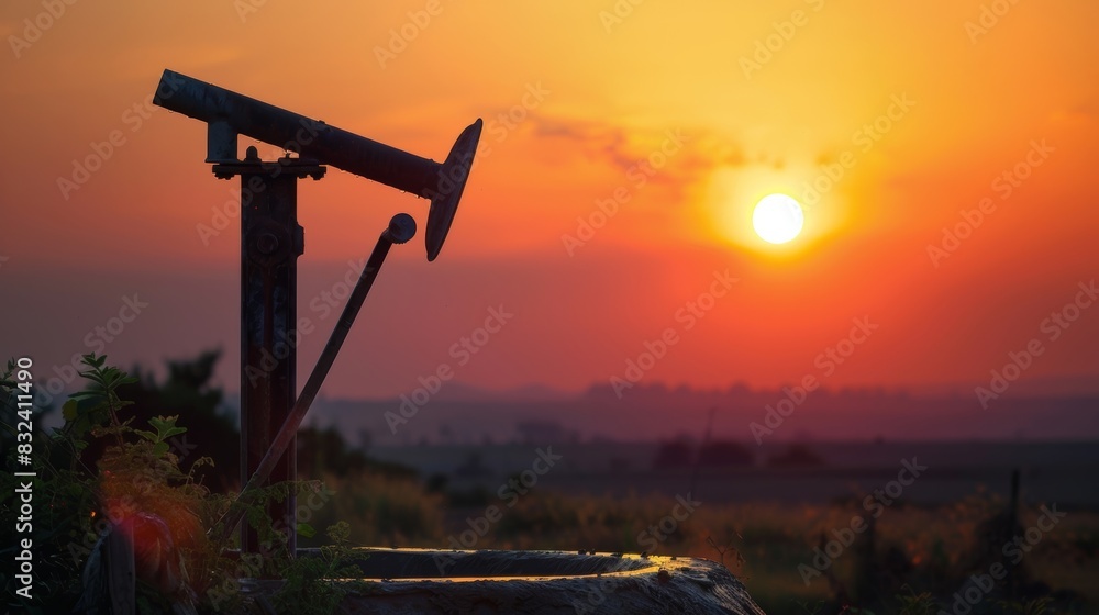 The sun setting behind a solarpowered water pump symbolizing renewable energy. The sun setting behind a solarpowered water pump symbolizing renewable energy.
