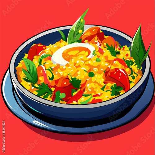 bulgur pilaf with shrimps, bell peppers and greens on a plate vector illustration doodle, vector