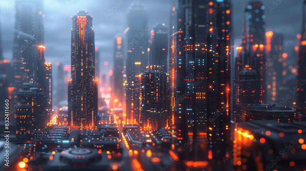 Fototapeta premium A stunning aerial view of a futuristic cityscape at night, illuminated by glowing lights, showcasing modern skyscrapers and advanced urban infrastructure.