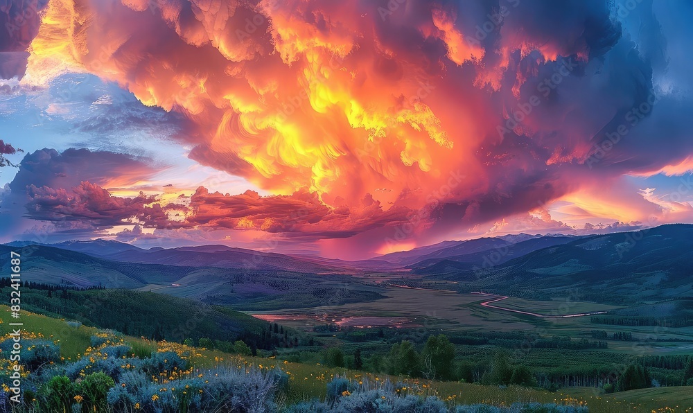 Mountain range with dramatic clouds and a sunset sky ablaze with color, warm and cool tones, highresolution photography, dynamic and breathtaking, Mountain range with dramatic clouds and a sunset sky ablaze with color, warm and cool tones, highresolution photography, dynamic and breathtaking,
